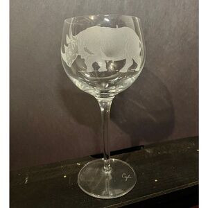 Lorraine Coyle Crystal Etched Rhinocerous Wine Glass - Signed